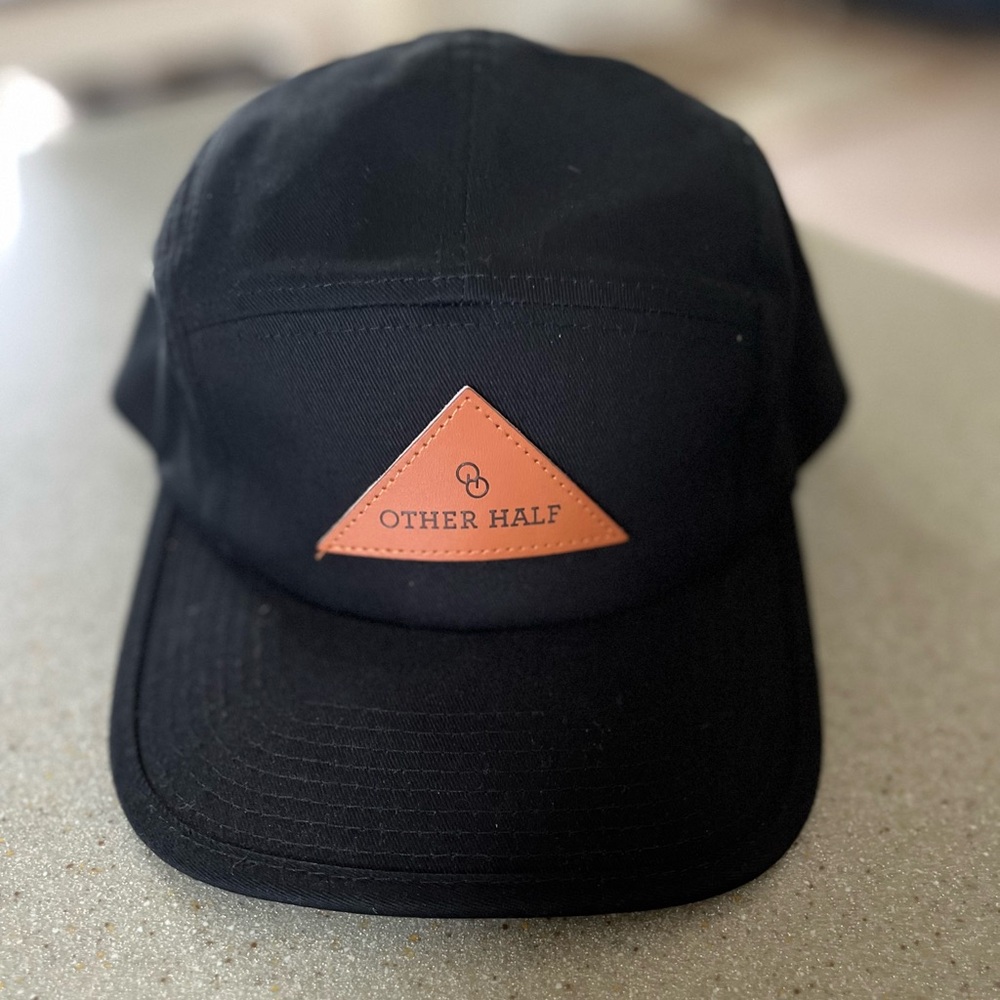 Low profile black hat with leather patch for Other Half Brewery